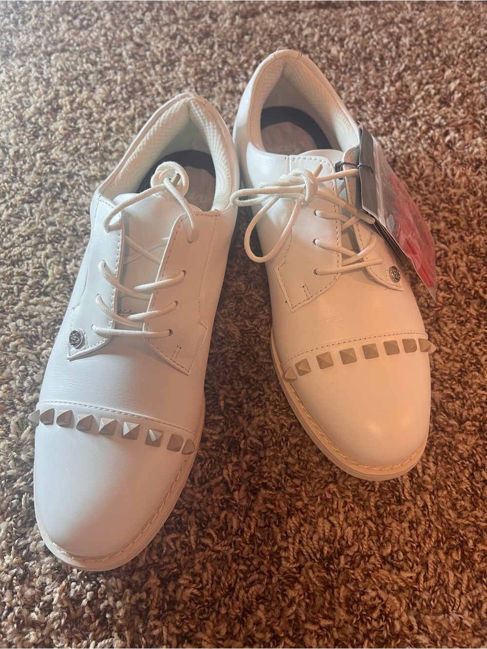 G/FORE White Leather Lace-Up golf shoes with Silver Pyramid Studs.